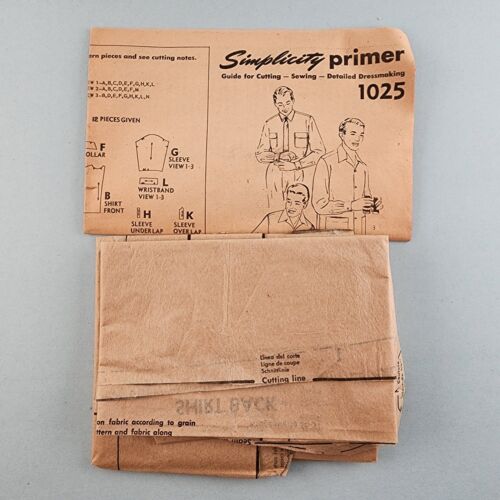 Simplicity 1025 Vintage Men's 1950's Shirt Sewing Printed Pattern Size Small