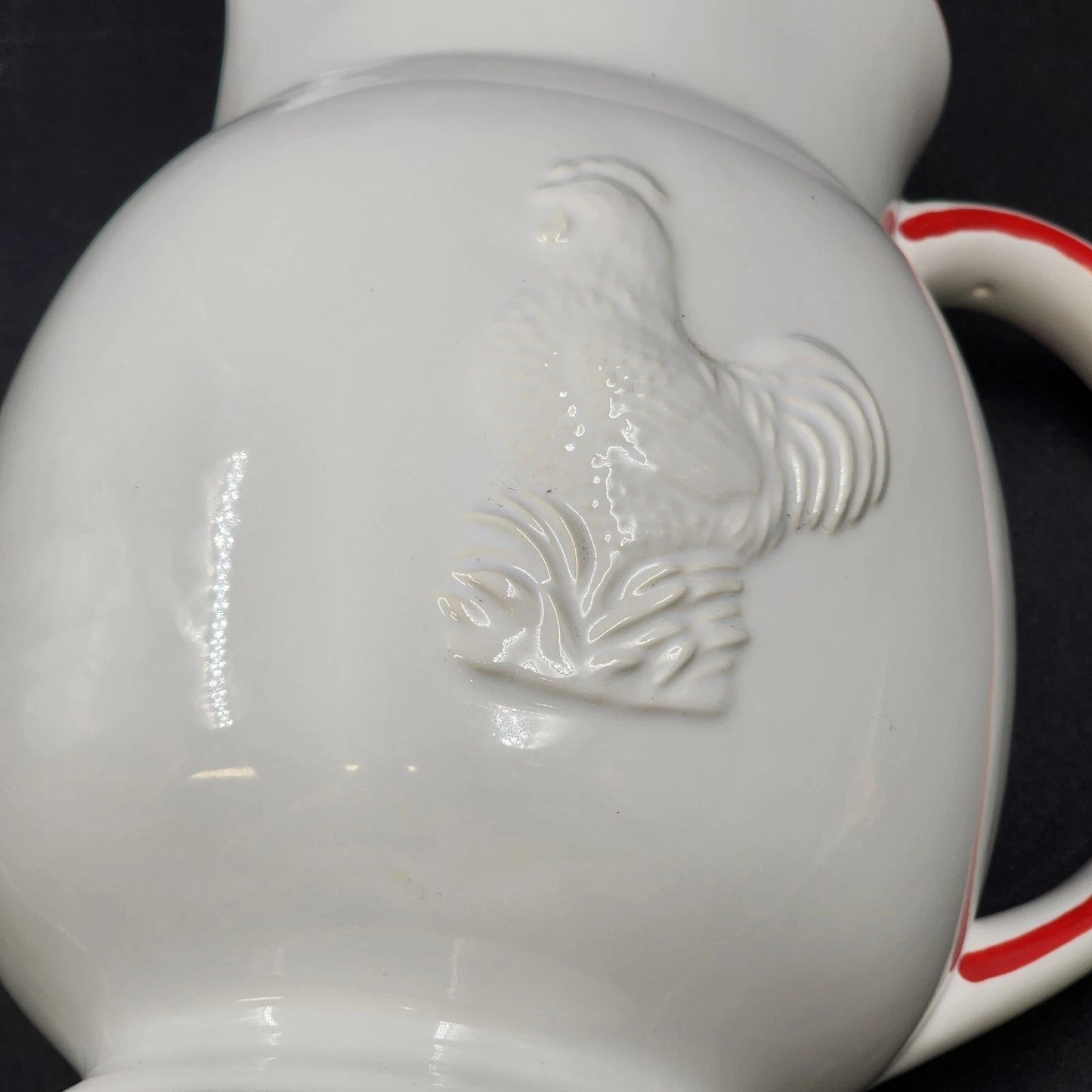 Four’s Gift Rooster Pitcher 9.5" White Ceramic Red Trim w Handle 2003 Farmhouse