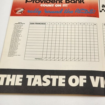 1987 Cincinnati Reds Scorecard v San Francisco Giants Unscored MLB Baseball