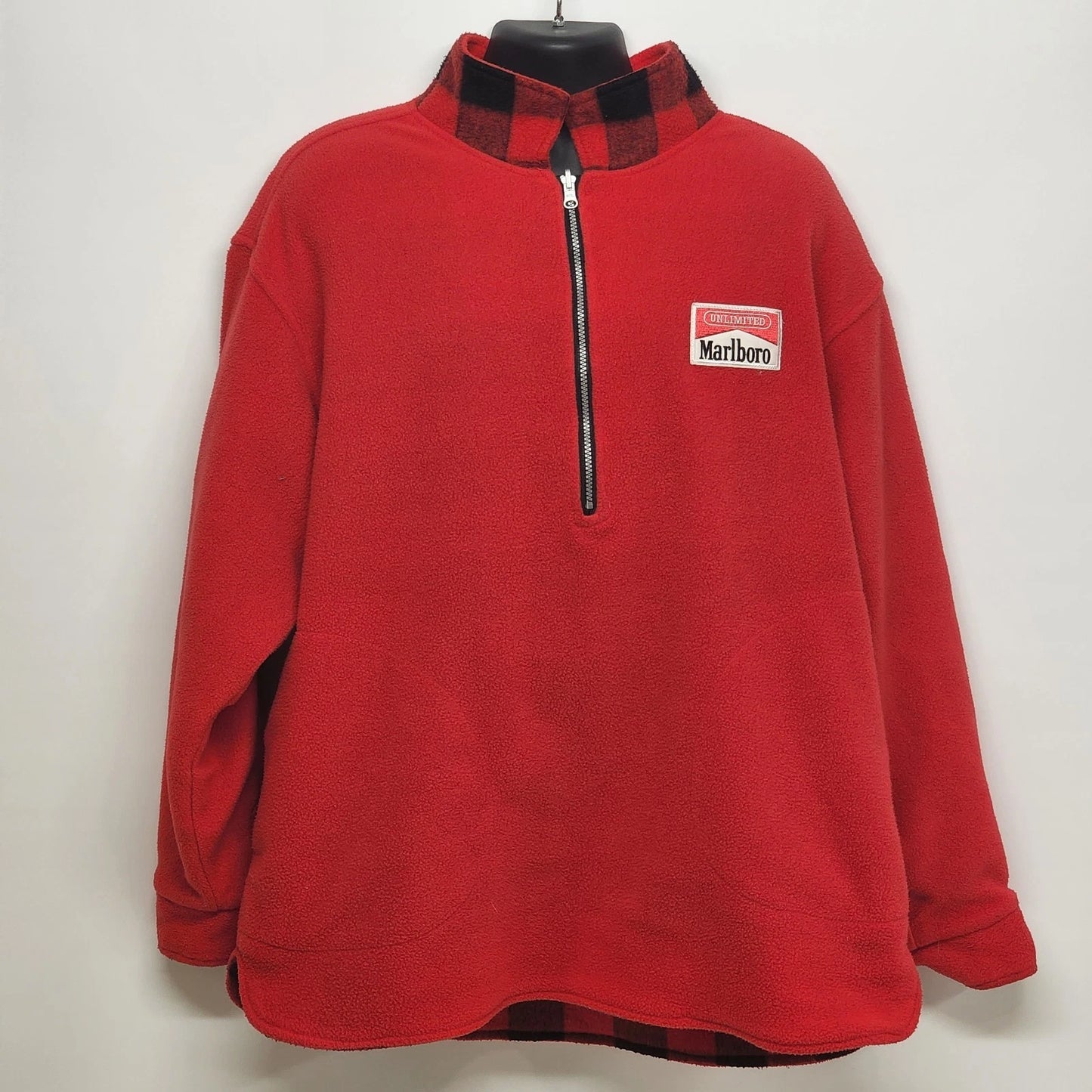 Marlboro Reversible Fleece Pullover Red & Black Plaid Men’s XL Half Zip 90s