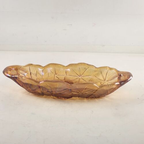 Indiana Glass Celery Dish Sunflower Oval Candy Nut Closed Handles Amber Vintage