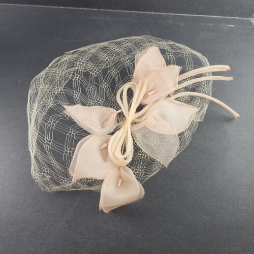 Beige Half Length Face Veil with Floral Pedals and Bow Starched Vintage