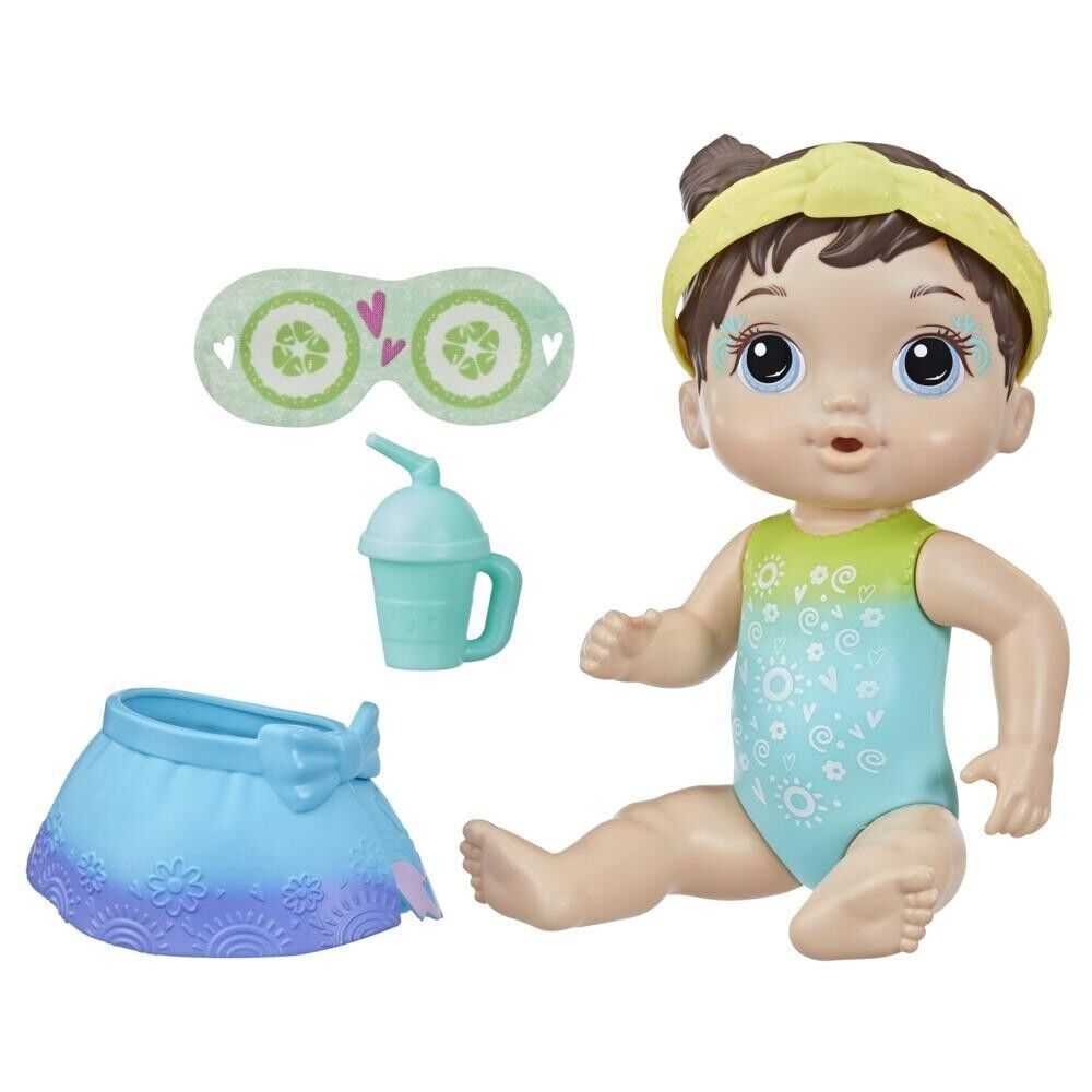 Baby Alive Rainbow Spa Baby Brown Hair Blue Eyes Accessories Mask Headband Skirt