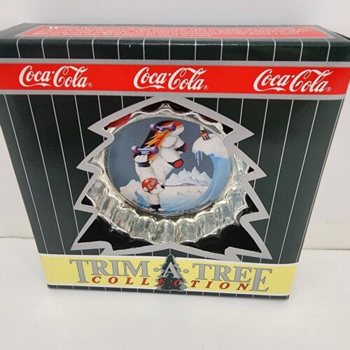 Coca-Cola Bottle Cap Ornament 1998 Trim-A-Tree Polar Bear Skateboarding Coke NIP