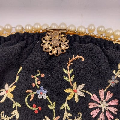 Black French Evening Clutch Bag Wrist Strap French Knot Embroidered Pearls 1930s