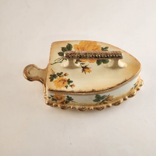 Porcelain Trinket Dresser Box Iron Yellow Gold Gilt Covered Jewelry Ring Vintage