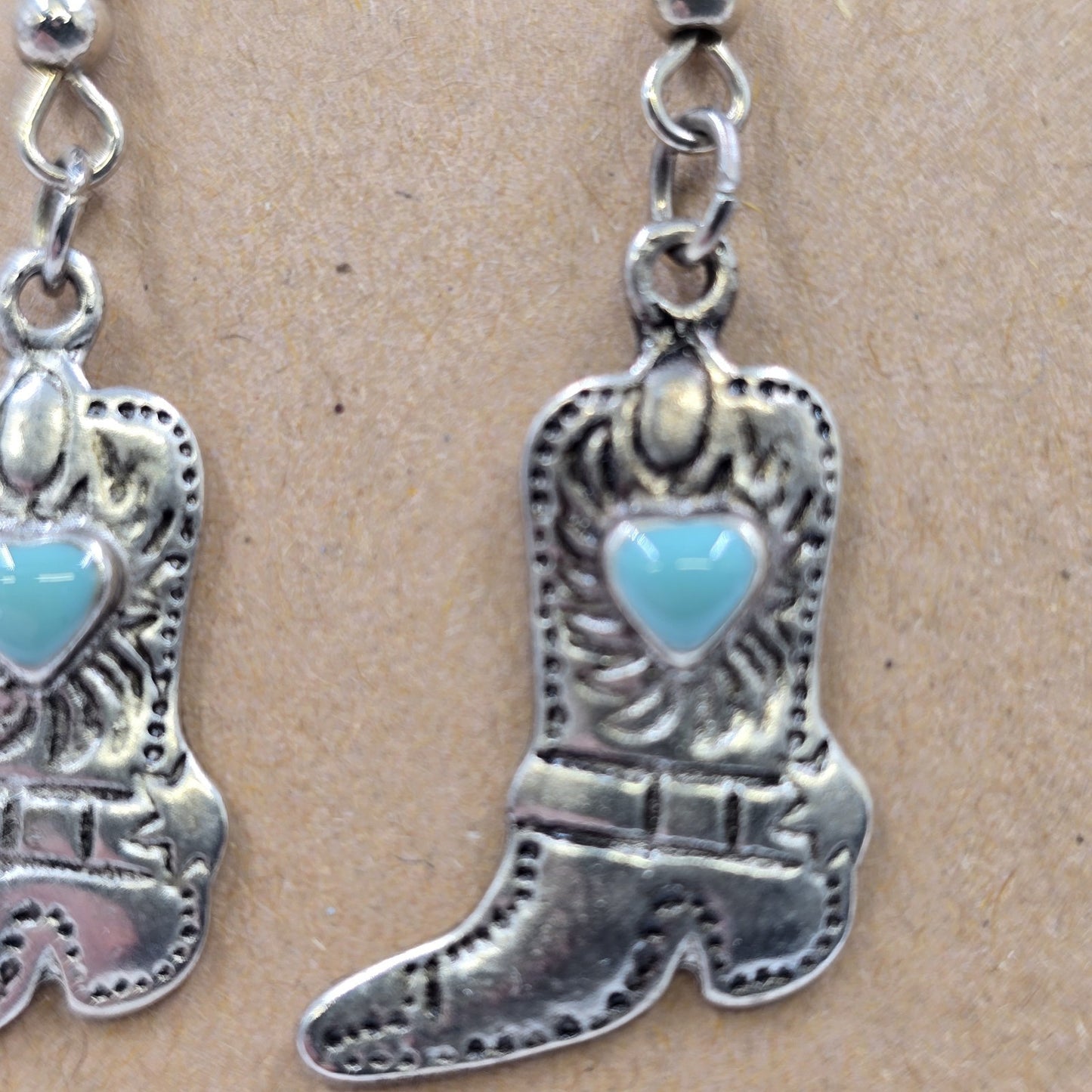 Silver Tone Cowboy Boot with Turquoise Heart Drop Dangle Earring Hook Clasp 1.5"