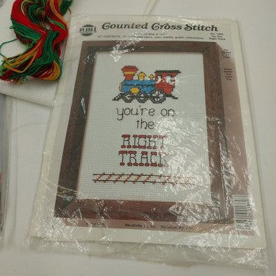 Set of 2 Counted Cross Stitch Kits Banner Christmas Ornaments & Right Track Kit