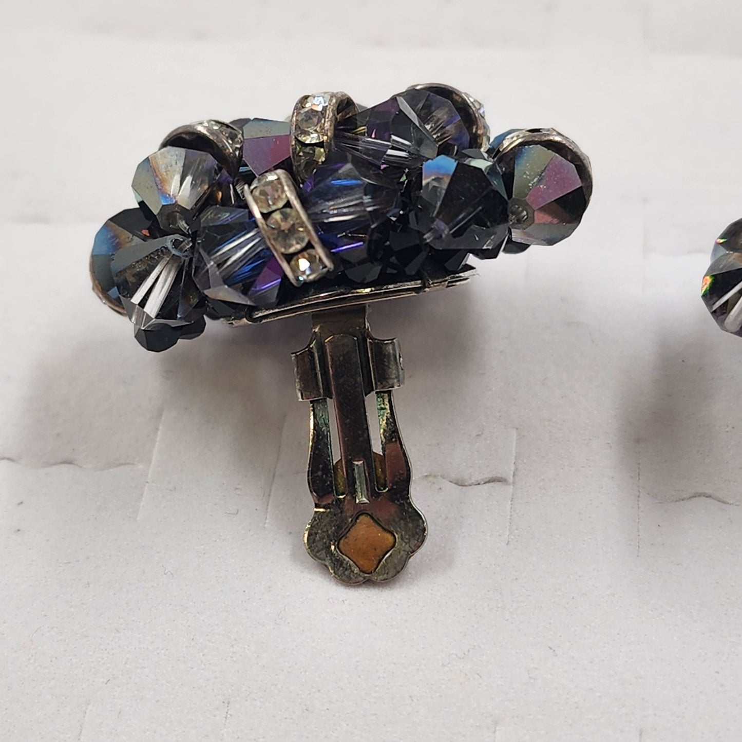 Deep Purple Bead & Colorful Rhinestone Clip Earrings Vintage 1.5” Statement