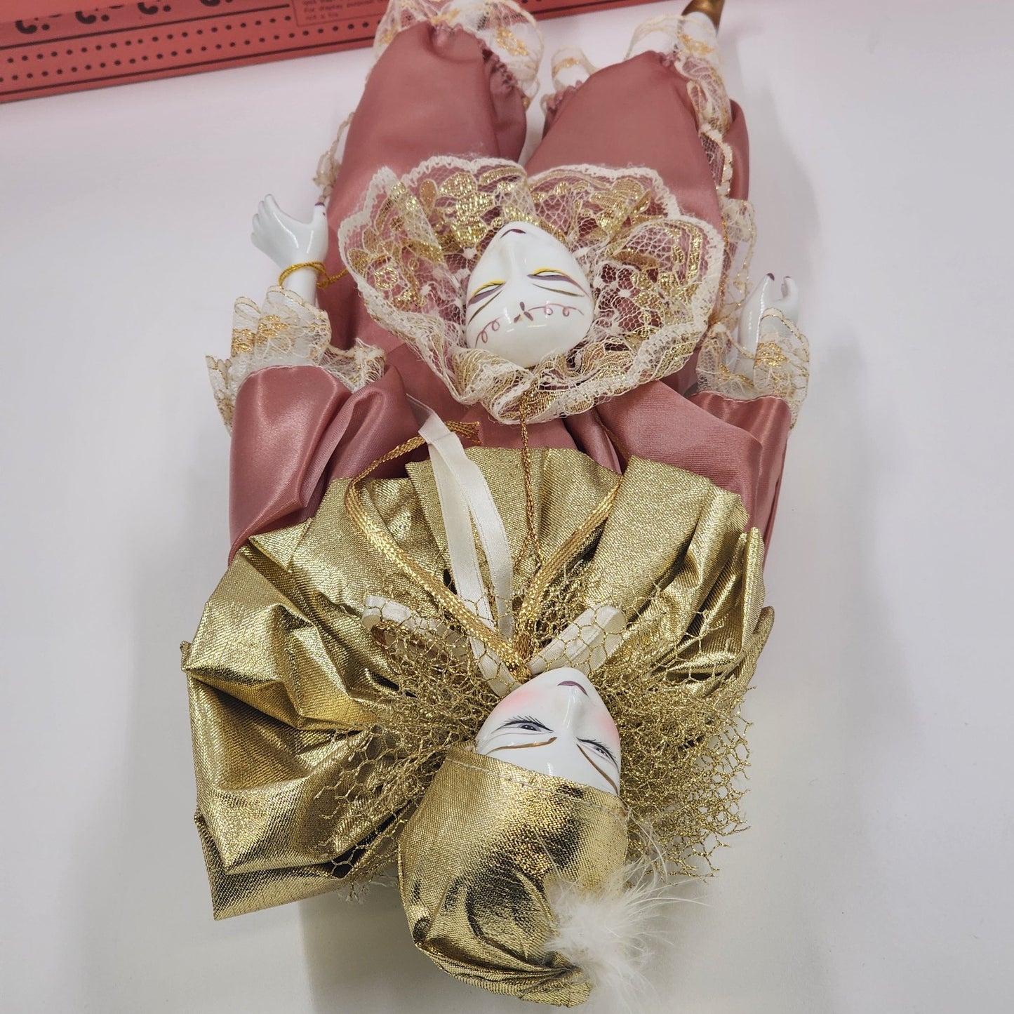 Brinn's Harlequin Porcelain Doll Mardi Gras Clown Mauve & Gold 17" 1991 COA VTG