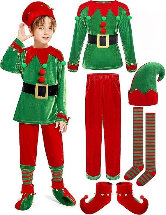 Elf Costume Red Green NEW NO EARS Shirt Pants Belt Boots Hat Child Size 8 - 10
