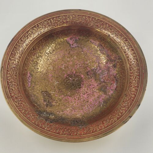 Brass Bowl Pedestal Footed with Floral Pattern 7" Across Asian Red and Pink