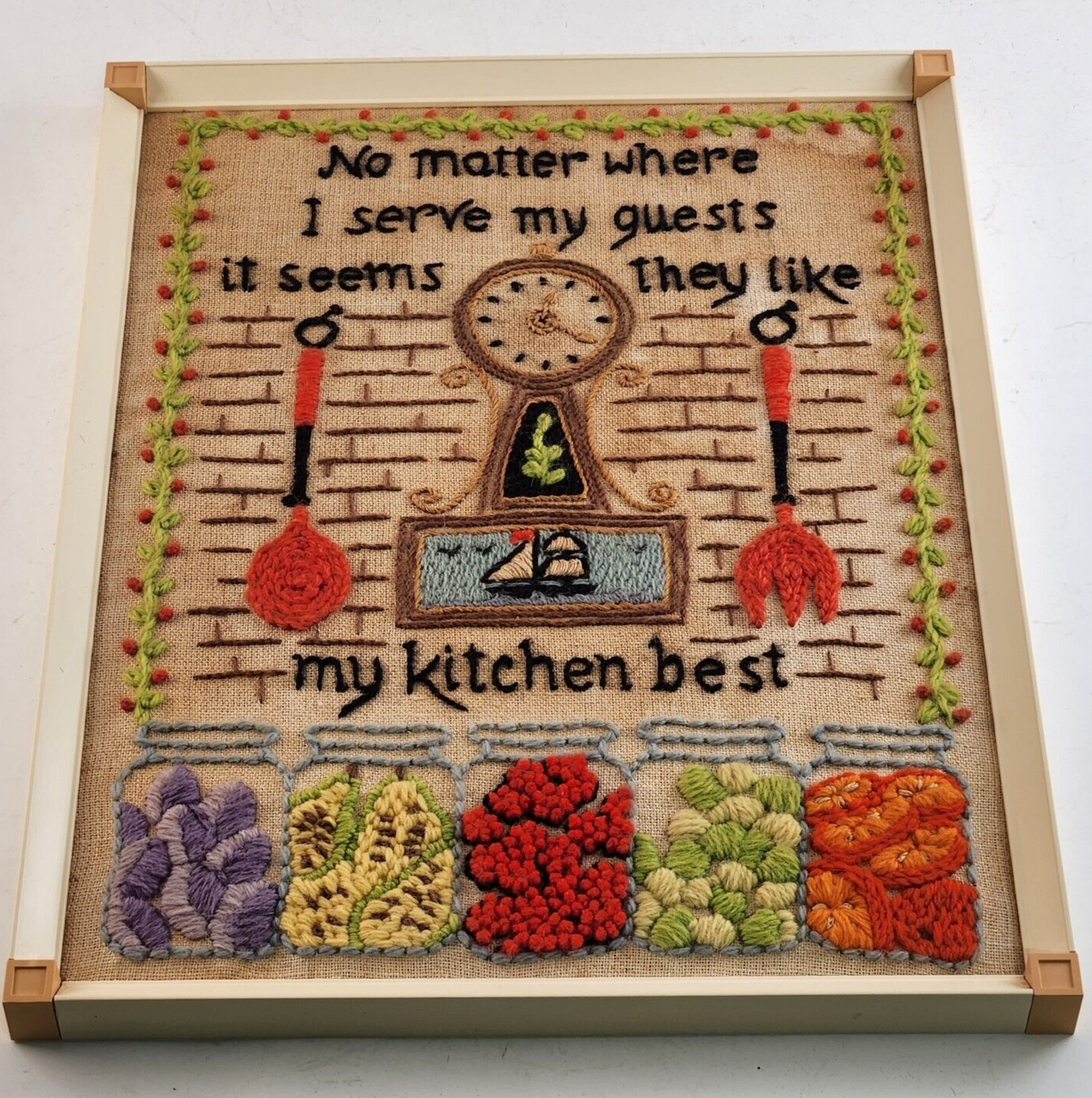 Framed Yarn Needlepoint Crewel Art Retro Kitchen Love 15"x11" MCM 60s Mod