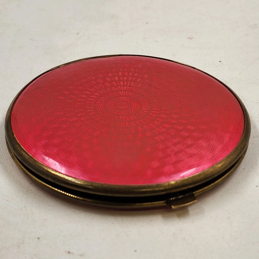 Guilloche Enamel Compact Hot Pink Red Mirror Brass Rim West Germany