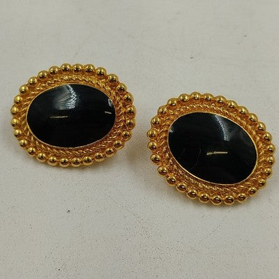Oval Gold Tone & Black Clip On Earrings