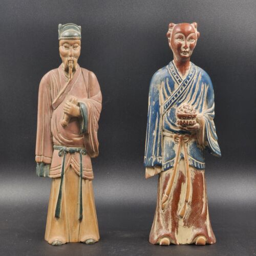 Pair of Asian Chinese Hand Carved Painted Wood Figurine Statues Vintage 14"