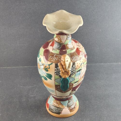 Asian Satsuma Vase Japanese 10" Hand Painted Immortals Foo Dog Pottery Vintage