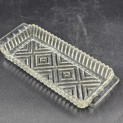 Clear Glass Relish Tray Dish X Pattern Ribbed Sawtooth Edges Handles 10" Serving