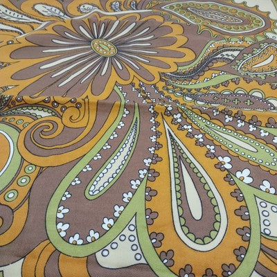 P Saint Hilaire Paris 30" Square Tan Scarf Paisley Floral Signed Vintage Cotton