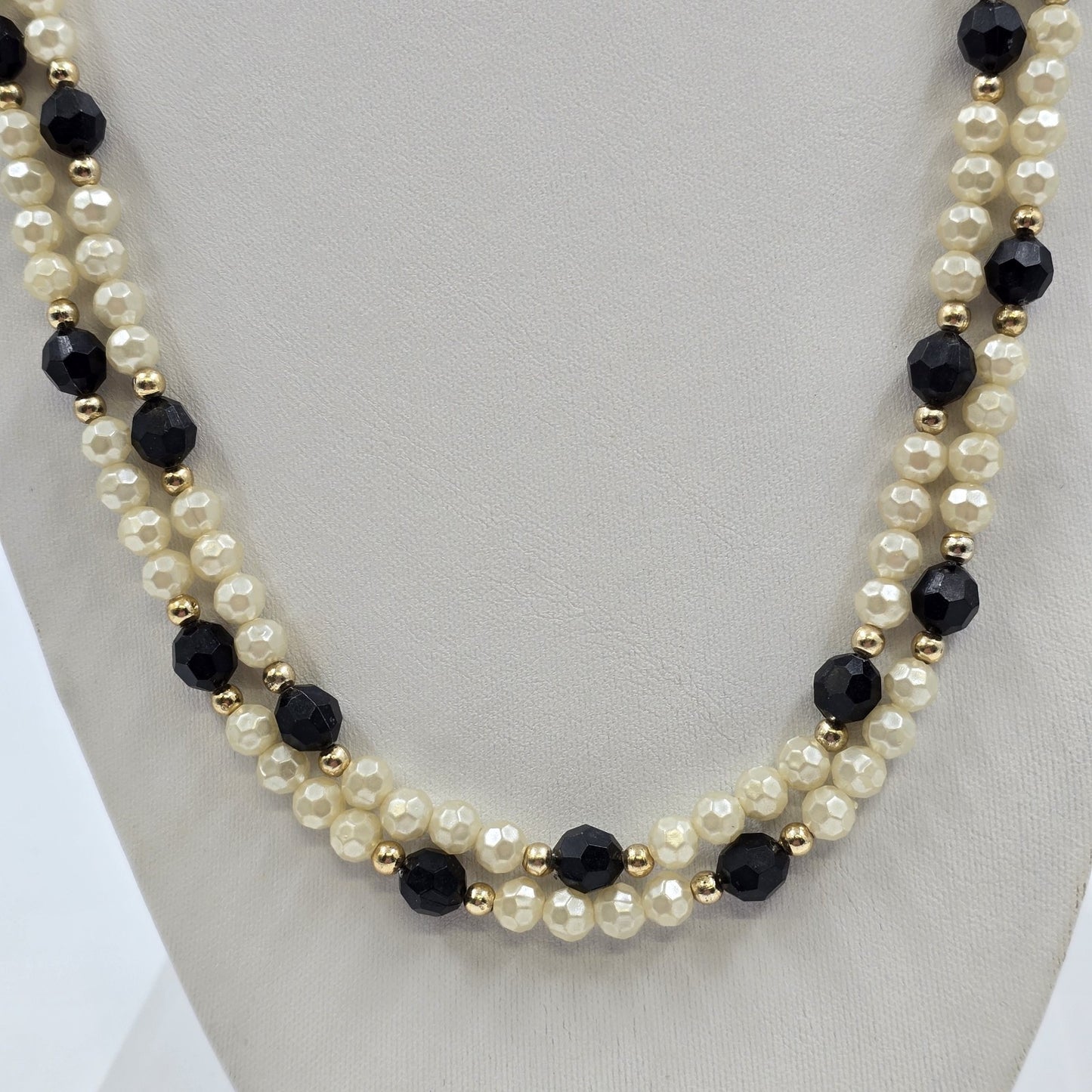 Black White & Gold Faux Pearl Stone Beaded 2 Strand Long Necklaces