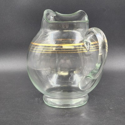 Round Bubble Shape Clear Glass Pitcher with 3 Gold Stripes & Ice Lip 8.5” 1950's