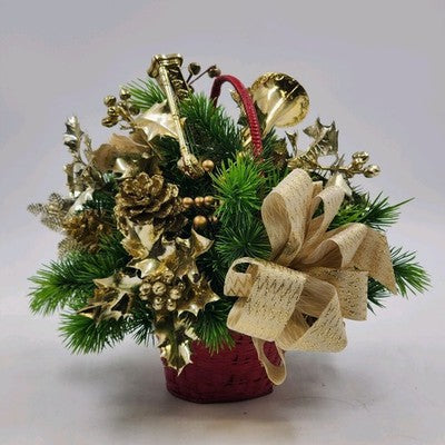 Floral Arrangement Christmas Basket Greenery Holly Red Basket 10" Gold Bow