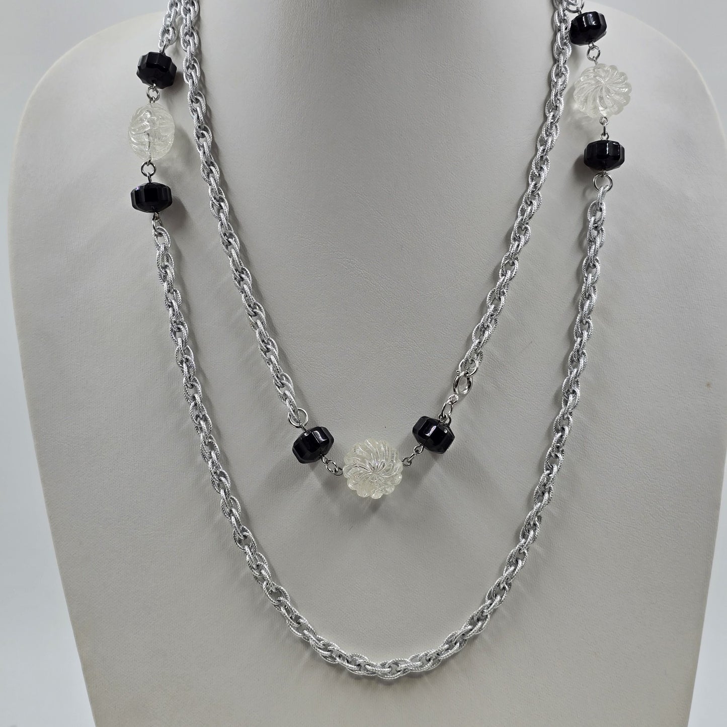 Sarah Coventry Jet Ice Necklace in Silver Tone Chain w/ Black Clear Lucite Beads
