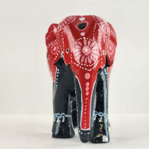 Red and Black Lacquer Painted Elephant Hand Carved Wood Vintage 3"h