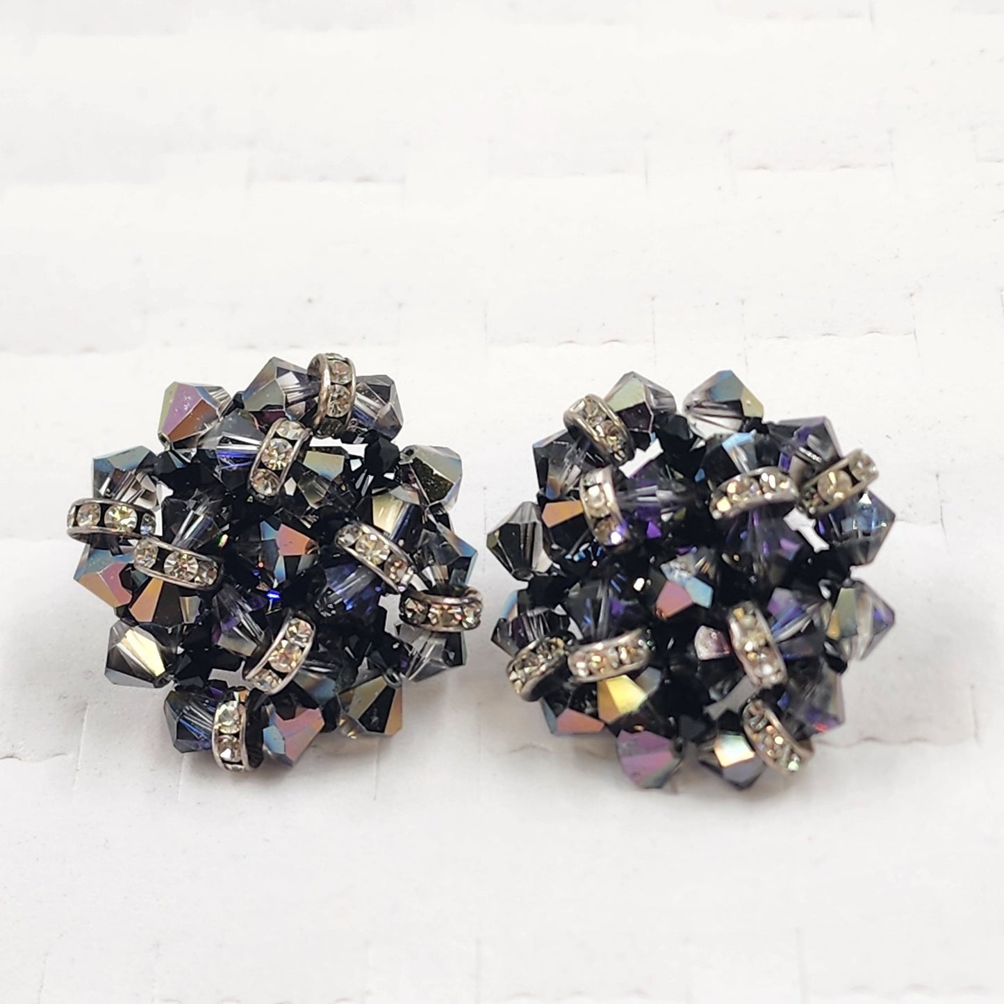 Deep Purple Bead & Colorful Rhinestone Clip Earrings Vintage 1.5” Statement