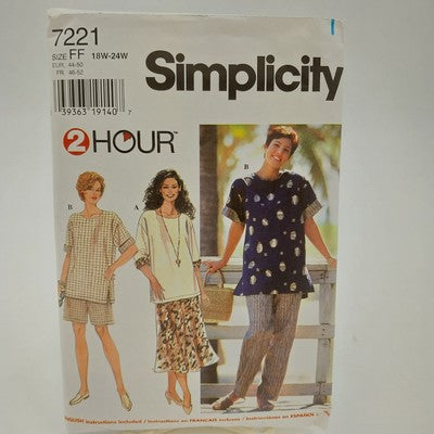 Simplicity 7221 Uncut Sewing Pattern 18W-24W Top Pants Shorts Skirt Vintage