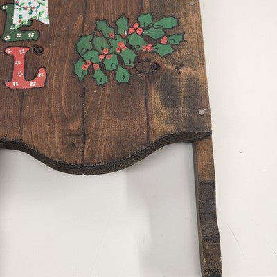 Christmas Holiday Noel Natural Wood Sleigh Sled Hand Painted Decoration 9.5"x20"