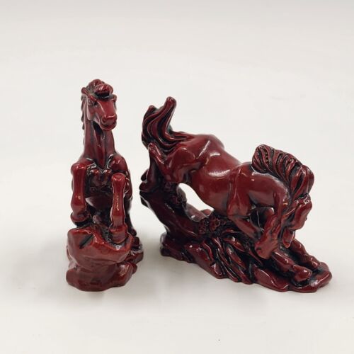 8 Horse Set Qing Feng Chinese Molded Red Resin Horses Sculpture Figurines 3"