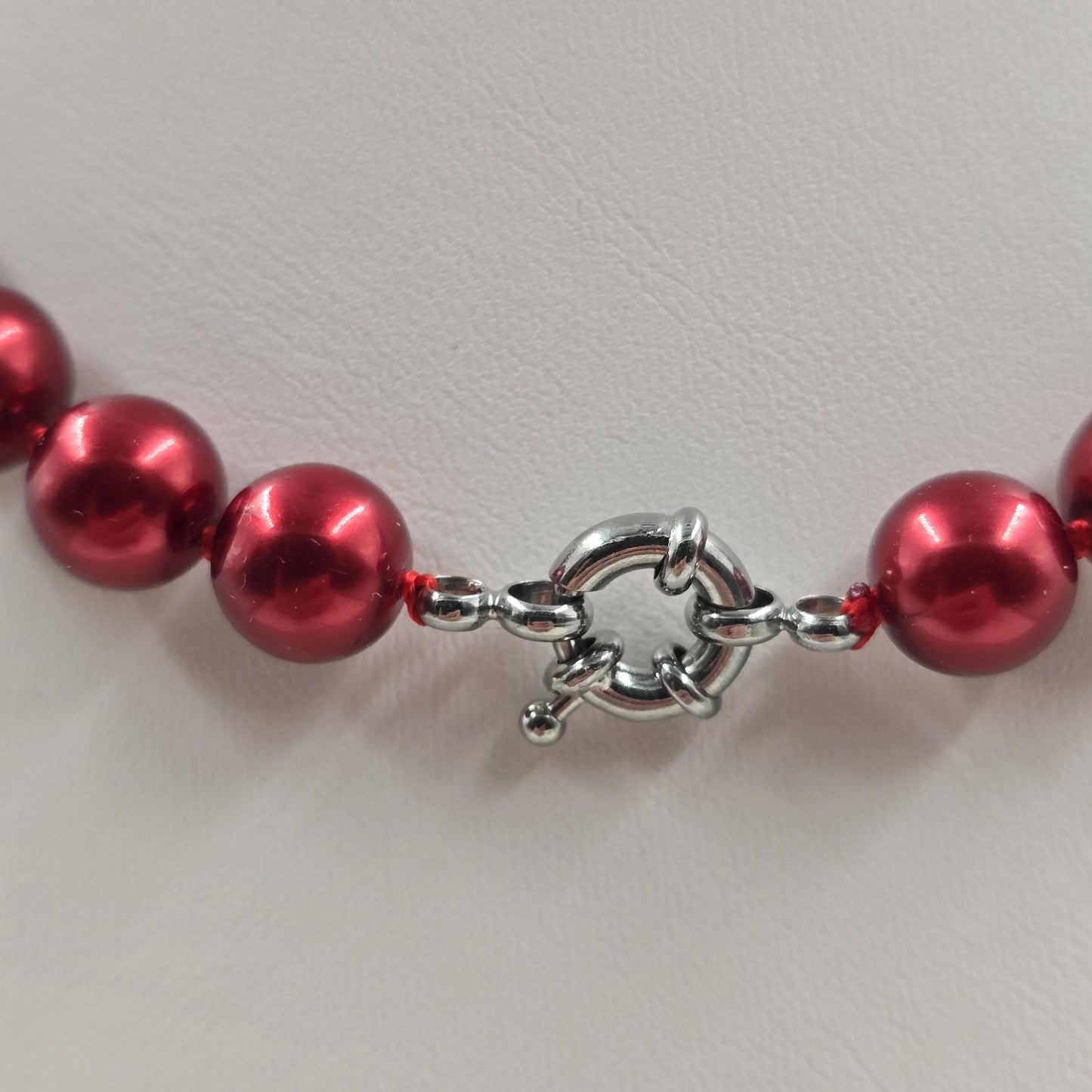 Deep Red Glass Faux Pearl Beads Silver Tone Statement Necklace 8.5"