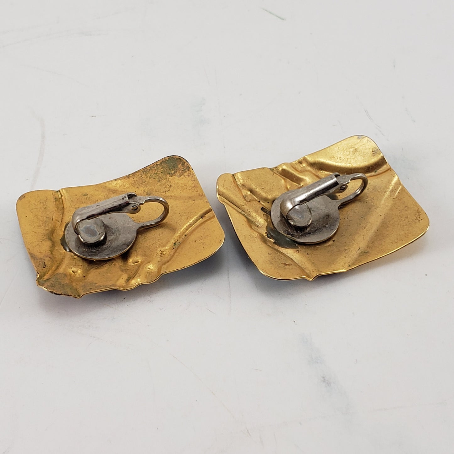 Vintage Square Gold Tone Blue Purple Enamel Clip On Earrings