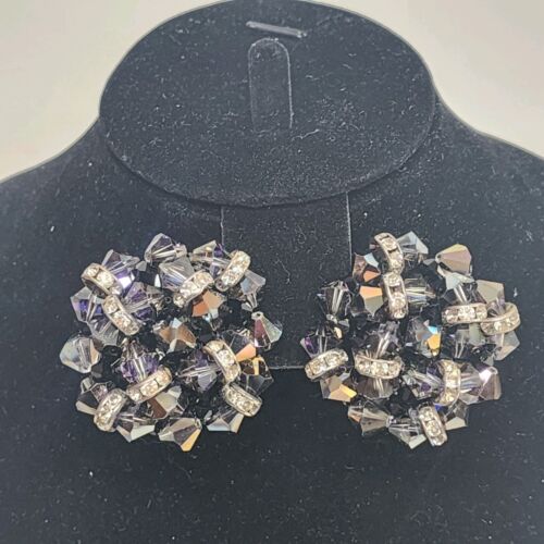Amber Bead & Clear Rhinestone Clip-On Earrings 1.5" Diameter Vintage