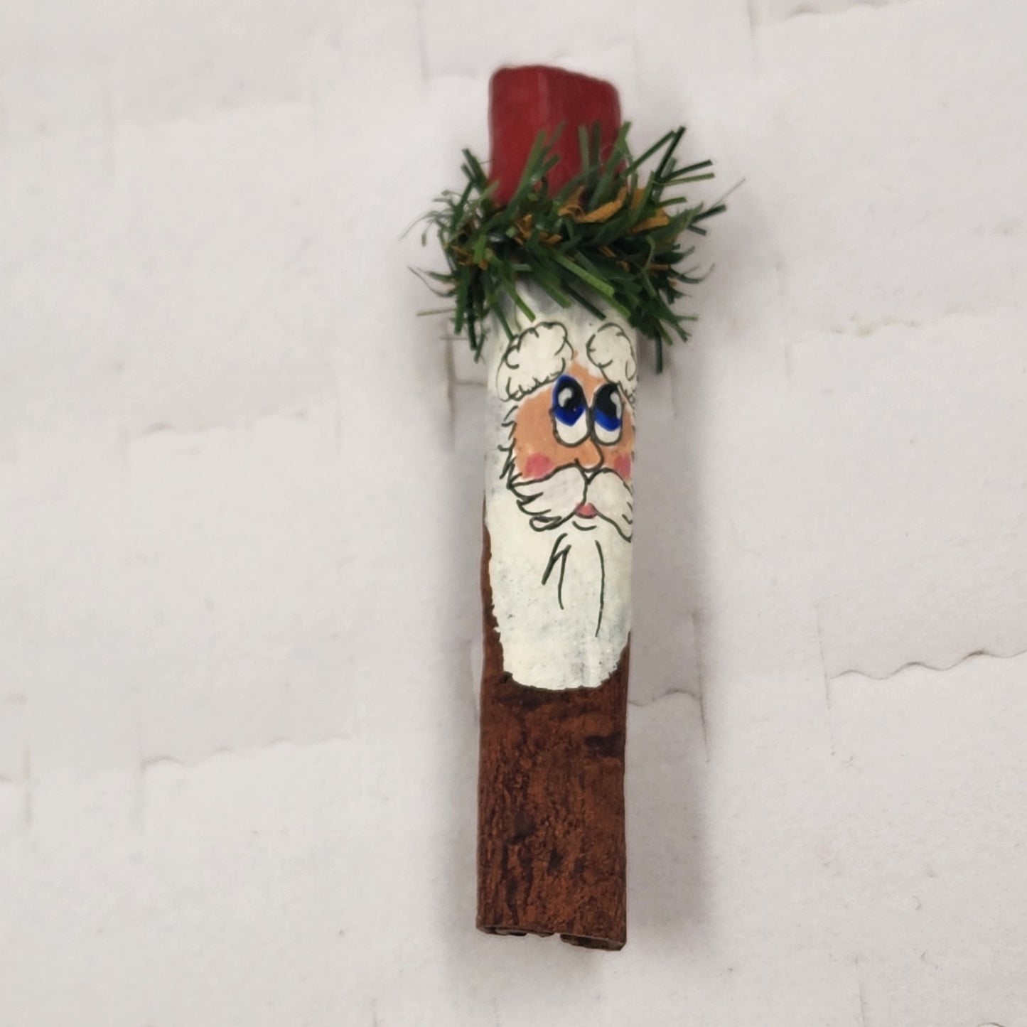 Santa Claus Cinnamon Stick Brooch Lapel Pin Hand Painted 2.75" Christmas Jewelry