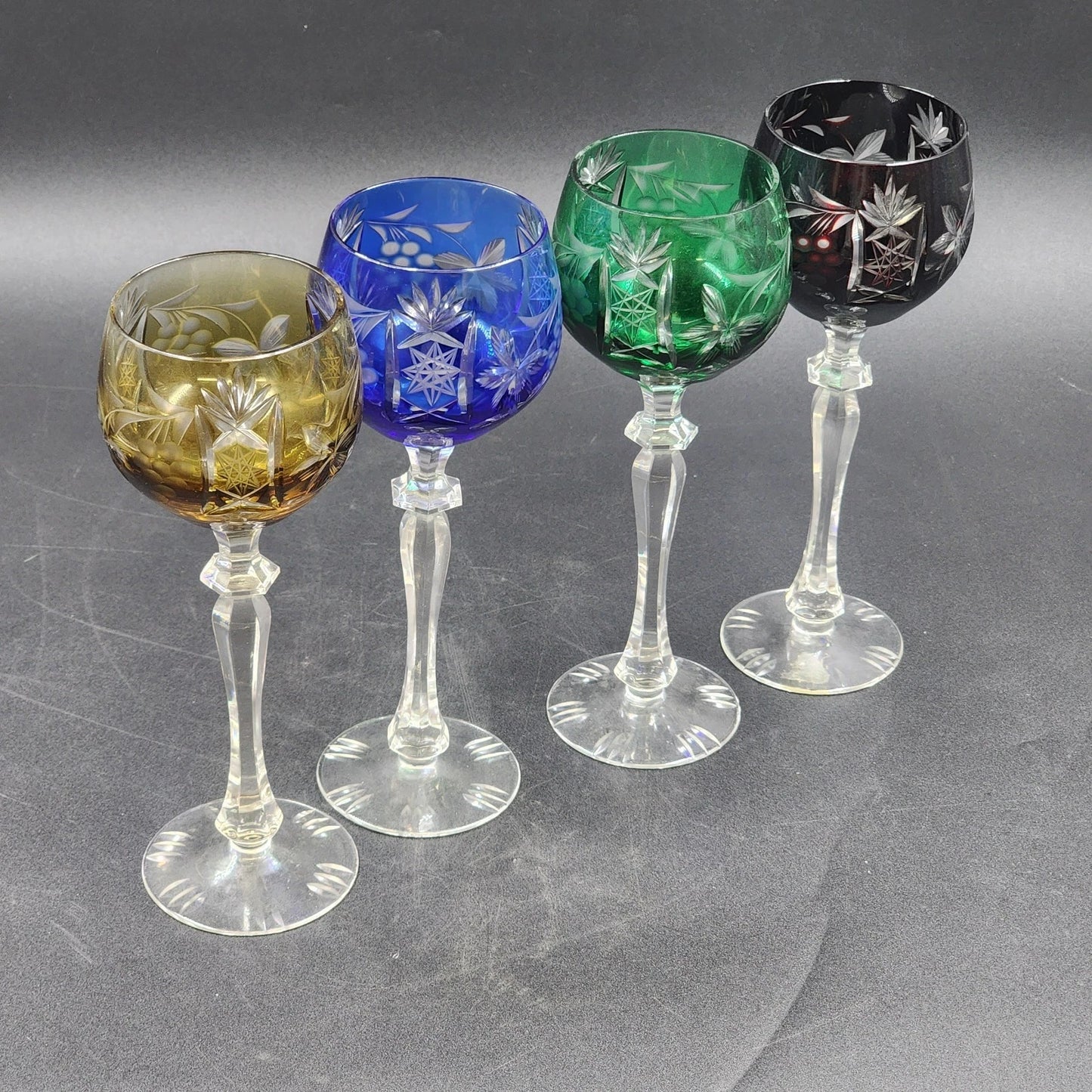 4 Bohemian Cordial Glasses Crystal Cut-to-Clear Wine Hocks 8.75" Multi-Color