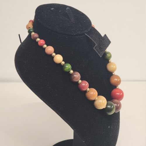 Multicolor Wood Bead Necklace Gold Tone Accents 16" Strand Spring Ring Clasp Vtg