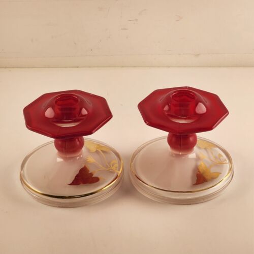 Indiana Glass Moderne Gold Leaf Tidbit Tray 2 Candle Sticks Red White Reverse