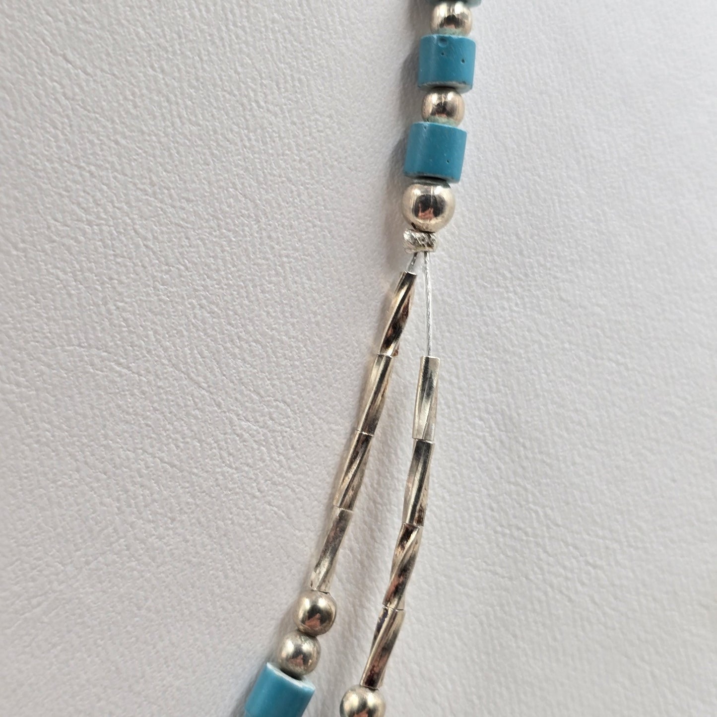 Sterling Silver Tone Faux Turquoise Fringed Bar Blue Beads Necklace 20"