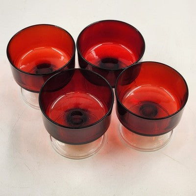4 Ruby Red & Clear Sundae Glasses Luminarc France Champagne Cocktail Dessert Vtg