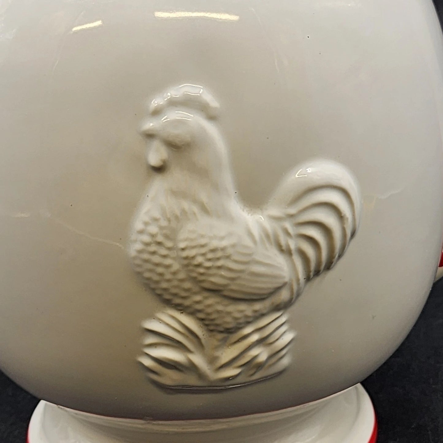 Four’s Gift Rooster Pitcher 9.5" White Ceramic Red Trim w Handle 2003 Farmhouse