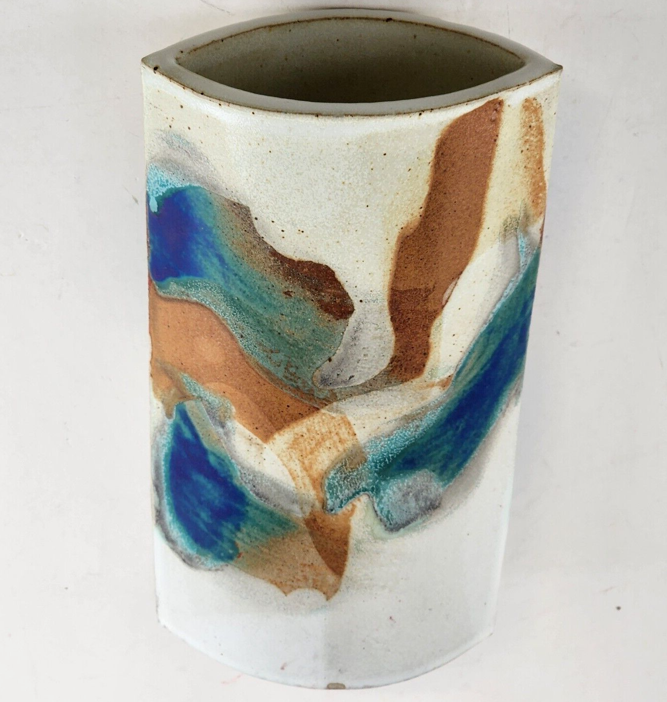 Evelyn LaMers Pottery Handmade Ellipse Vase Distinct Glaze Coloring 9.5" Vintage