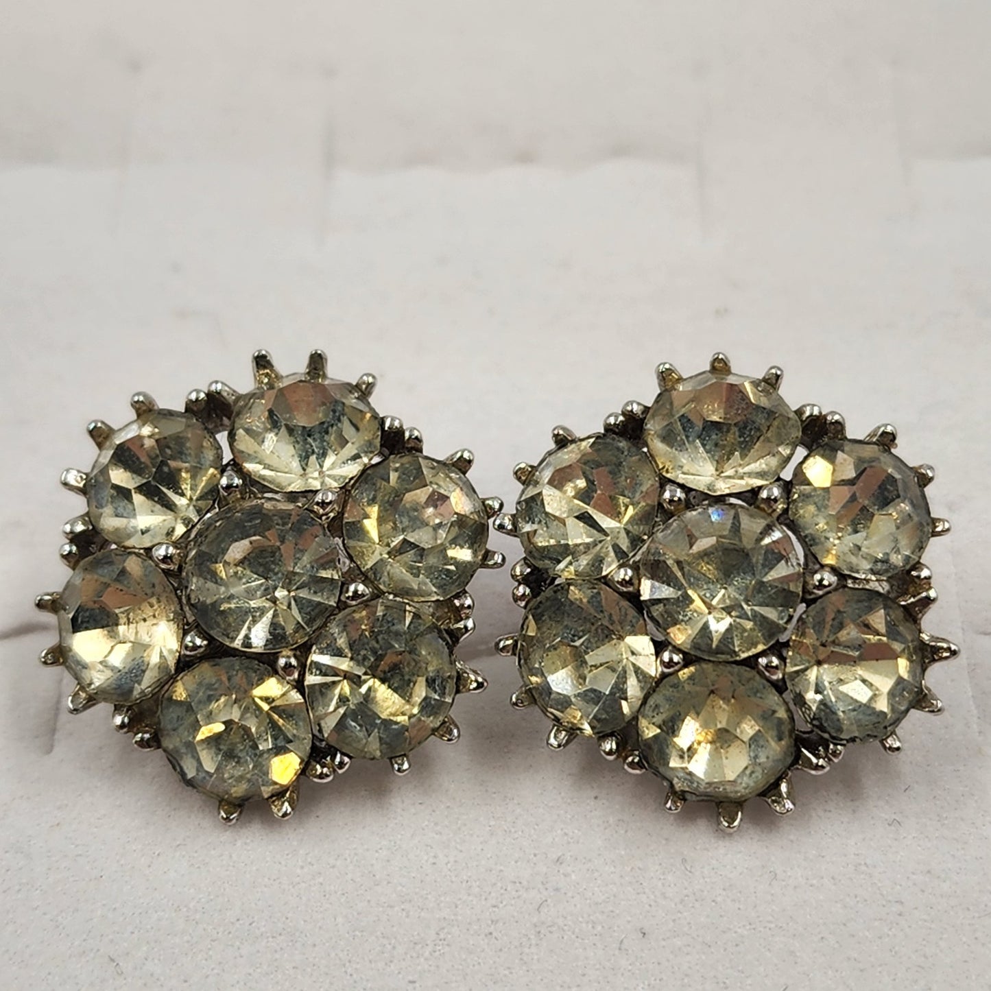 Elegant Silver Tone Clear Rhinestone Button Earrings Vintage Screw Back 0.75”