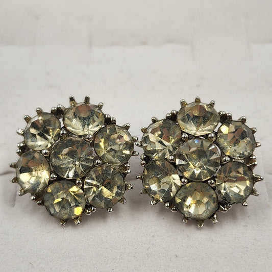 Elegant Silver Tone Clear Rhinestone Button Earrings Vintage Screw Back 0.75”