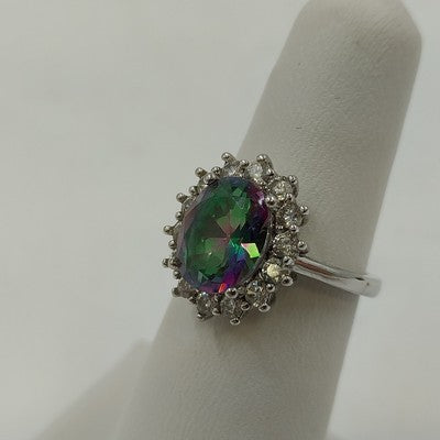 Mystic Topaz & Rhinestone Statement Ring Sz 6 Silver Tone w/ Box