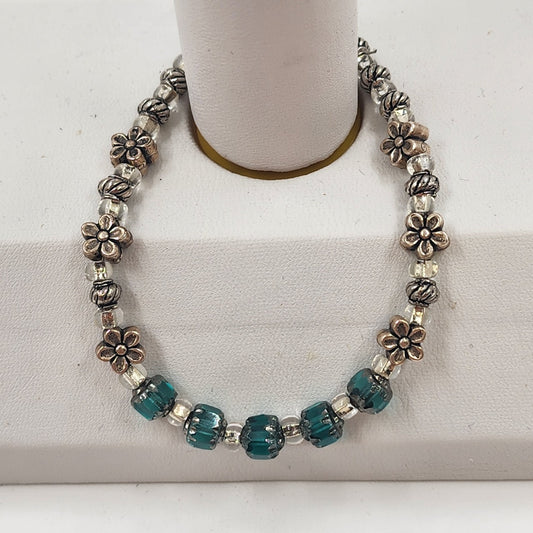 Teal Crystal Glass Rhinestone Bracelet with Gold Tone Floral Round Beaded 7"