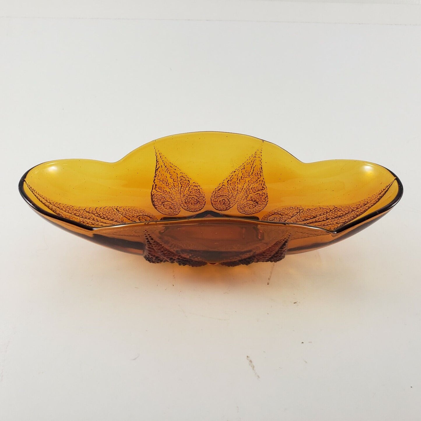 Indiana Glass Dark Amber Stippled Leaf Scalloped Decorative Candy Relish