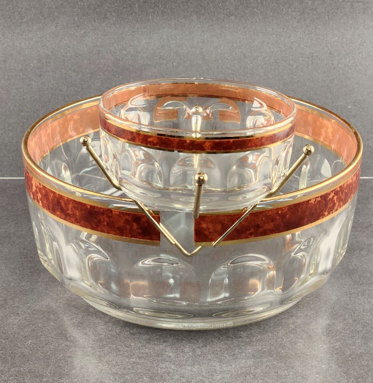 Arcoroc Glass Chip Dip Set w Dip Bowl Bracket France Brown and Gold Border Trim
