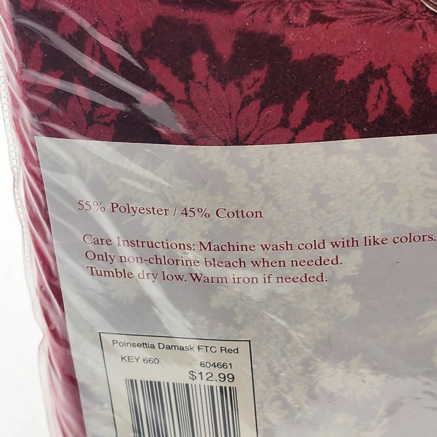December Home Fabric Tablecloth Oblong Red Damask Poinsettia Motif 60"x102" NEW